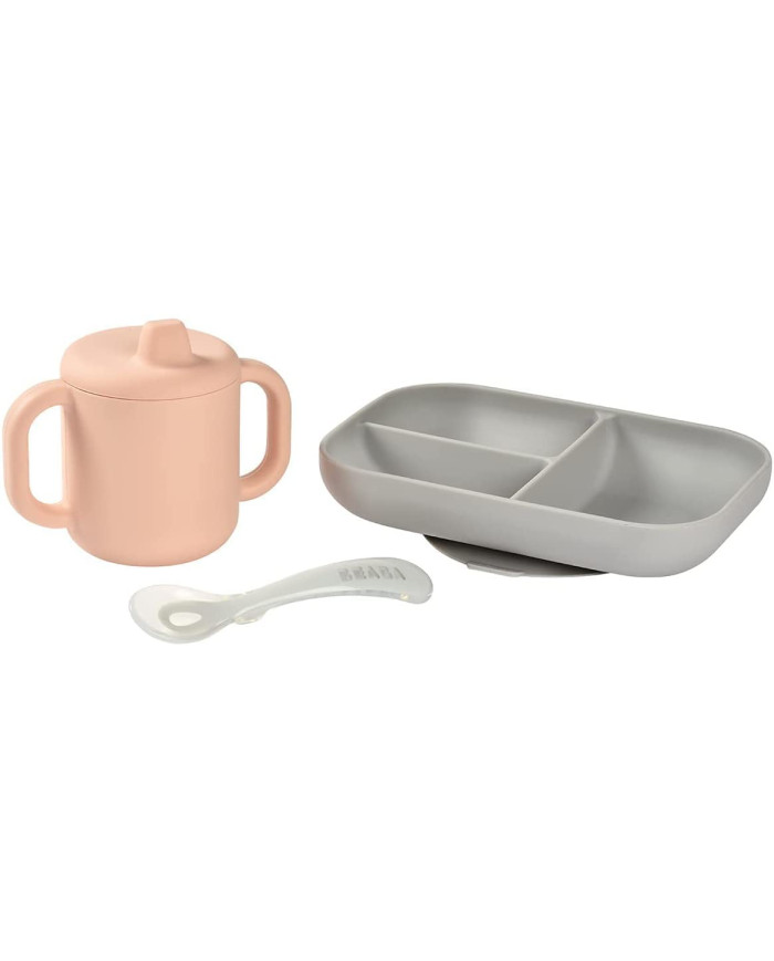 BEABA SILIKONINIS 3 DALIŲ PIETŲ RINKINYS VAIKAMS, PINK