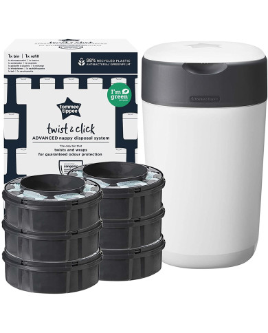 TOMMEE TIPPEE SANGENIC TWIST AND CLICK ADVANCED SAUSKELNIŲ KONTEINERIO IR 6 VNT. KASEČIŲ RINKINYS, WHITE