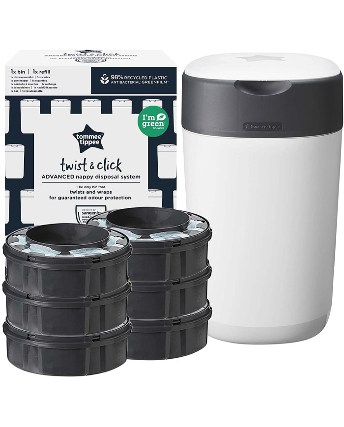 TOMMEE TIPPEE SANGENIC TWIST AND CLICK ADVANCED SAUSKELNIŲ KONTEINERIO IR 6 VNT. KASEČIŲ RINKINYS, WHITE