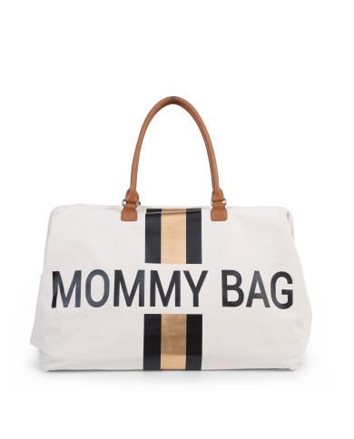 CHILDHOME DIDELIS MAMOS REIKMENŲ KREPŠYS MOMMY BAG, OFF WHITE STRIPES BLACK/GOLD