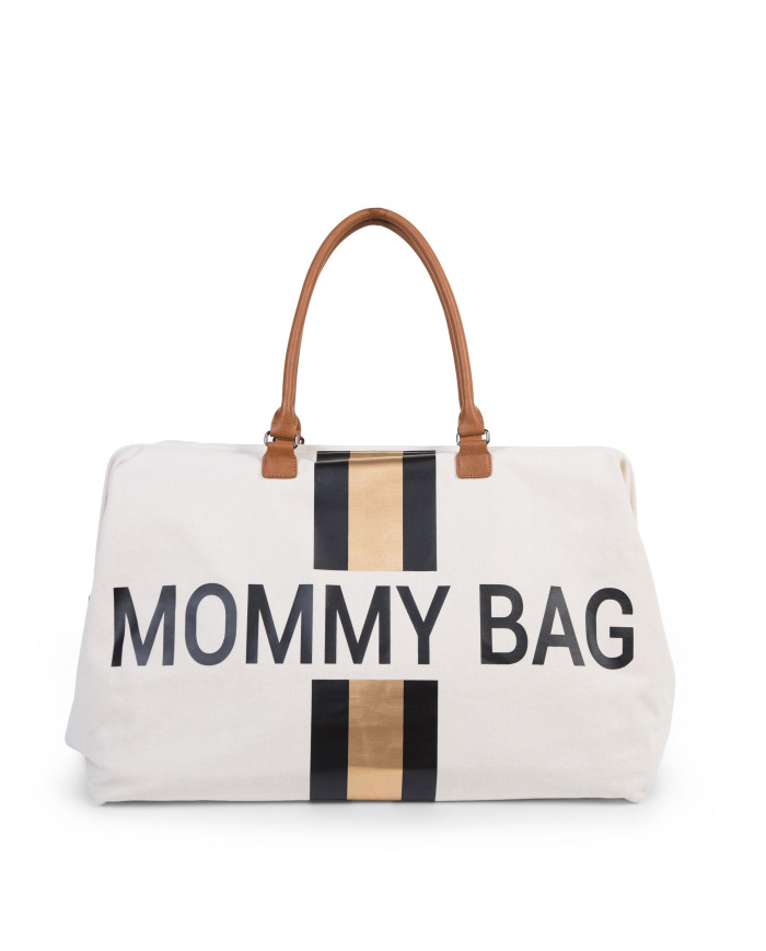 CHILDHOME DIDELIS MAMOS REIKMENŲ KREPŠYS MOMMY BAG, OFF WHITE STRIPES BLACK/GOLD