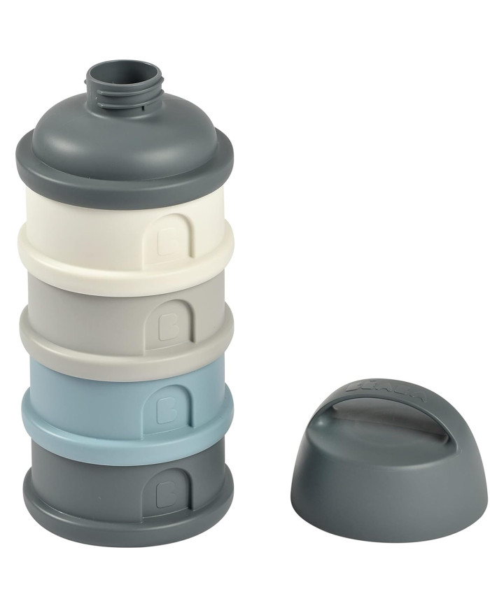 BEABA 4 SKYRIŲ PIENO MILTELIŲ DOZATORIUS IR UŽKANDŽIŲ DĖŽUTĖ, MINERAL GREY/BLUE