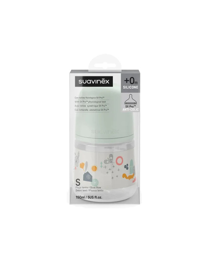 SUAVINEX ANTI-COLIC SX PRO LUTIPUDEL AEGLASE VOOLUGA (S) FÜSIOLOOGILISE LUTIGA, 150 ML, ALATES 0 KUUST, WALK GREEN