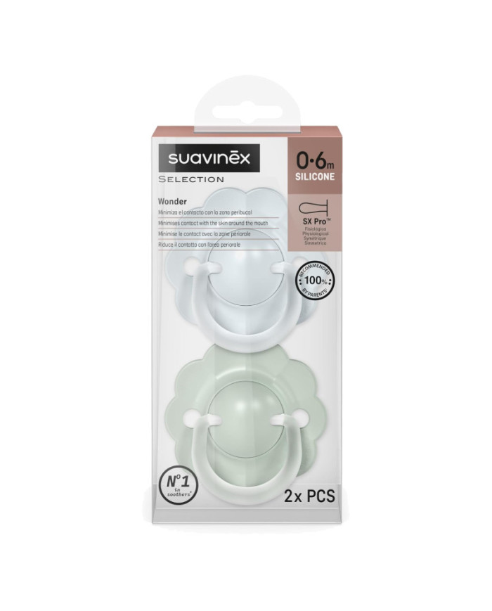 SUAVINEX FÜSIOLOOGILINE LUTAJA SX PRO WONDER, 0–6 KUUD, SOFT BLUE/GREEN, 2 TK