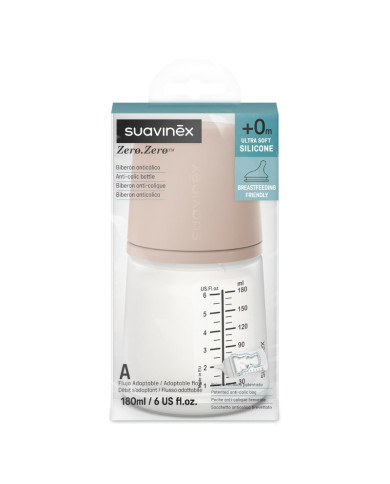 SUAVINEX ZERO ZERO ANTI-COLIC KOOLIKUTEVASTANE PUDEL AEGLASE VOOLUGA LUTIGA, 180 ML, ALATES 0+ KUUST, MEDIUM