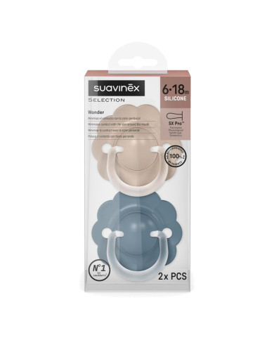 SUAVINEX FÜSIOLOOGILINE LUTT SX PRO WONDER, 6–18 KUUD, DEEP BEIGE/BLUE, 2 TK