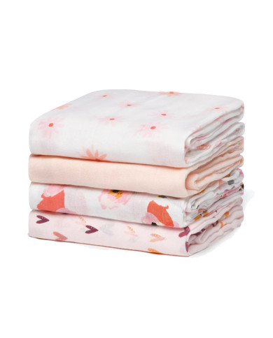 MOMCOZY MUSLIINPUUVILLAST MÄHKMED BEEBILE, 4 TK, 120 × 120 CM, HEART FLOWER
